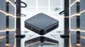 Futuristic levitating black cube with glowing geometric lines and reflections in a modern studio setting Royalty Free Stock Photo
