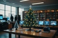 Futuristic library with holographic Christmas tree on desk.