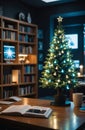 Futuristic library with holographic Christmas tree on desk.