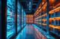 Futuristic library interior with glowing computer servers and shelves full of books. Digital data streams flow along floor Royalty Free Stock Photo