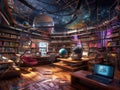 Futuristic library VR sections books from multiverse