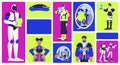 Futuristic lifestyle with technology and AI robots bento grid illustration set Royalty Free Stock Photo