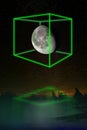 Futuristic light cube around the moon  night additional lighting in the form of neon light. Royalty Free Stock Photo