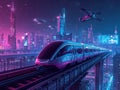 Futuristic Light Rail Transversing an Elevated Urban Landscape Glowing with Pink and Blue Neon Royalty Free Stock Photo