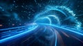 Futuristic Light Trails on a Curved Road