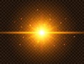 Futuristic light on transparent background. Gold star burst with beams and sparkles. Sun flash with rays and spotlight