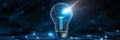 A futuristic lightbulb made of interconnected lines glows brightly and transforms into a rocket symbolizing innovation growth