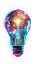 Futuristic lightbulb with mechanical elements and luminous circuit patterns against white background