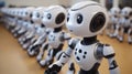 Futuristic lineup of small white and black humanoid robots on display