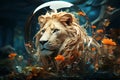 Futuristic Lion in Glass Dome: AI-Generated Art with Floral Elegance