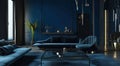 futuristic living room with blue walls and black furniture