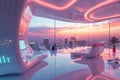 Futuristic living room, Cityscape vista and hi-tech decor