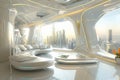 Futuristic living room, Cityscape vista and hi-tech decor
