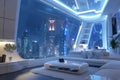 Futuristic living room, Cityscape vista and hi-tech decor