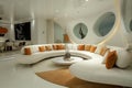 Futuristic living room featuring white furniture and vibrant orange pillows, showcasing a modern interior design concept