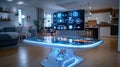A futuristic living room with glowing digital surfaces, a smart coffee table interface, and a large high-tech screen in the Royalty Free Stock Photo