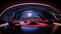 A futuristic living room with a large circular rug and red furniture, AI