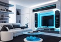 A futuristic living room with modular furniture, LED accent lighting, and a wall-mounted entertainment system Royalty Free Stock Photo