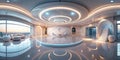 Futuristic living space modern interior design with circular architectural elements and elevated platform. Generative AI Royalty Free Stock Photo