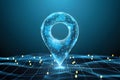 Futuristic location pin on blue gradient background over digital map with scattered lights