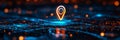 Futuristic Location Pin on Digital Map A glowing location pin symbol stands out against a digital map representing connection