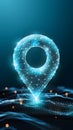 Futuristic location pin on digital map with mesh design, set against gradient blue background