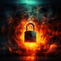 Futuristic fiery flames lock cyber security digital illustration