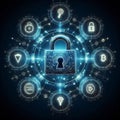 Futuristic Lock and Key with Blockchain Icons for Data Security