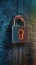 Futuristic lock surrounded by circuits and binary code, emphasizing digital protection