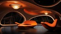 A futuristic lounge area with orange chairs and a large light, AI