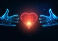 Futuristic love concept with glowing low polygonal two human hands trying to reach a red heart