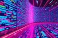 Futuristic low code platform vibrant coding symbols. Digital innovation, creative coding visualized with vibrant colors. Modern