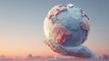 Futuristic low-poly Earth model floating above an open palm against gradient sky, eco-concept with ample copy space for design Royalty Free Stock Photo