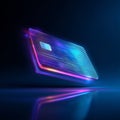 Futuristic luminous credit card floating on a reflective surface with glow effects Royalty Free Stock Photo