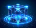 Futuristic luminous cube floating above glowing energy circles on dark backdrop Royalty Free Stock Photo
