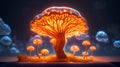 futuristic luminous glowing mushroom tree and spore particles, mycelium bioengineering