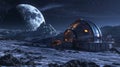 A futuristic lunar base sits on the moons surface basking in the light of an Earthrise against the backdrop of a starry sky Royalty Free Stock Photo