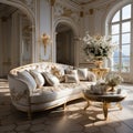 Futuristic luxury design in baroque style, modern open-plan room interior in pastel colors with wall decoration. Soft