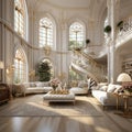 Futuristic luxury design in baroque style, modern open-plan room interior in pastel colors with wall decoration. Soft