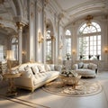 Futuristic luxury design in baroque style, modern open-plan room interior in pastel colors with wall decoration. Soft