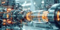 Futuristic machine with glowing orange and blue digital interface in a high-tech industrial setting. Royalty Free Stock Photo