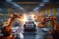 Futuristic Machines in Factory: Robots Producing Auto Parts