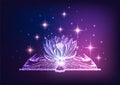 Futuristic magic, mysterious story concept with glowing open book and lotus flowers and stars