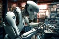 Futuristic Man AI Robot Equipped Advanced Technology Help Human Work in a Room Full of Machine