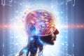 Futuristic man with a digital brain, perfect for themes related to AI, machine learning, and advanced computing in