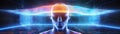 Futuristic man with a digital brain, perfect for themes related to AI, machine learning, and advanced computing in