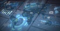 Futuristic map interface displaying hexagonal grids and data markers in virtual command dashboard Royalty Free Stock Photo
