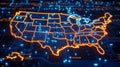 A futuristic US map in blue and orange, highlighting network nodes and a tech grid visualizing data connectivity across the countr