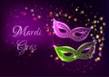 Futuristic Mardi Gras web banner with glowing low polygonal masquerade masks. Royalty Free Stock Photo