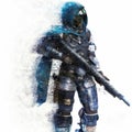 Futuristic Marine Soldier on a white background with splatter dispersion effect. Royalty Free Stock Photo